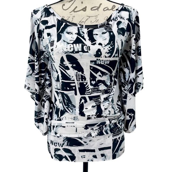 Vintage Y2K Gold Flava Slinky Newspaper Print Batwing Top Black White Size Small - Picture 1 of 8